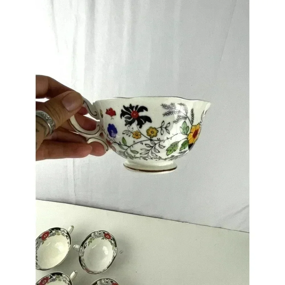 VTG Set of 7 Swansea Tea‎ Cups Floral Pattern Bone China Canton Gold Trim